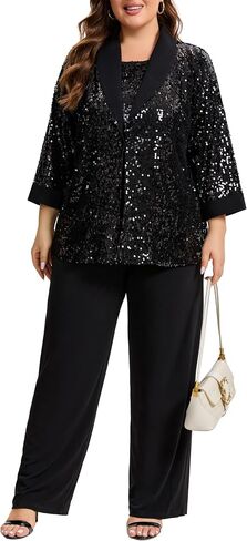 Plus Size 3 Piece Mother of the Bride Pant Suits with Glitter Sequin, Formal Evening Gowns Alternative for Wedding Guest in Saudi Arabia
