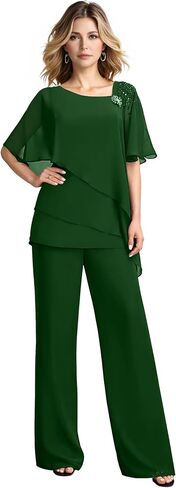 2 Piece Chiffon Mother of The Bride Pant Suits Short Sleeve V Neck Beaded Tiered Formal Wedding Guest Outfit HX031 in Saudi Arabia