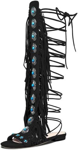 Atuelang Women’s Boho Fringe Gladiator Sandals Turquoise Studs Knee-High Lace-Up Flat Summer Boots in Saudi Arabia