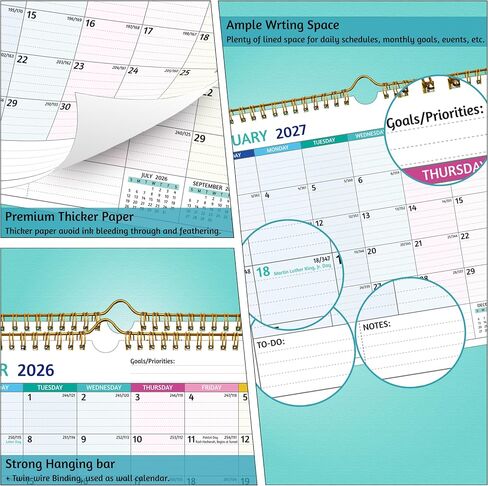 2025-2026 Wall Calendar - Jul 2025 –Dec 2026, 18 Months Calendar 2025-2026, 14.57 x 11.42 In, 2025-2026 Calendar, Monthly Calendar with Ruled Blocks, Thick Paper, Holidays, To-do ＆ Notes, Blue & Grey in Kuwait