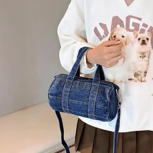 Denim Purse Barrel Crossbody Shoulder Bag Jean Minimalist Satchel Top Handle Round Bucket Handbag with Zipper in Kuwait