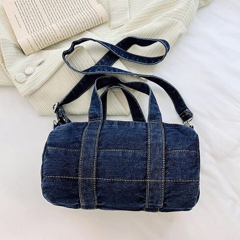 Denim Purse Barrel Crossbody Shoulder Bag Jean Minimalist Satchel Top Handle Round Bucket Handbag with Zipper in Kuwait