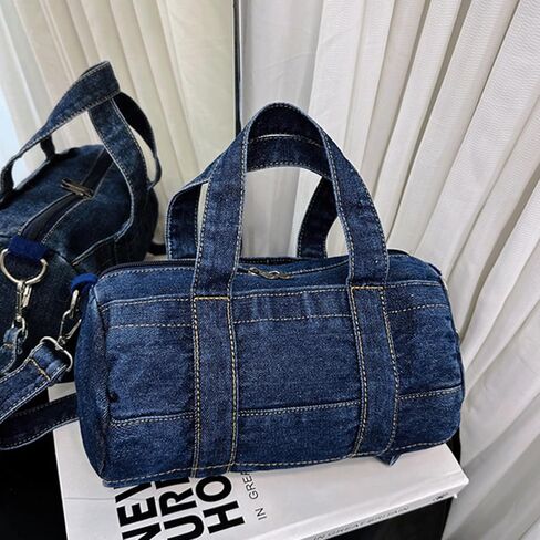 Denim Purse Barrel Crossbody Shoulder Bag Jean Minimalist Satchel Top Handle Round Bucket Handbag with Zipper in Kuwait
