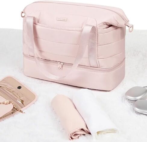 NISHEL Double-layer Weekender Bags for Women, Personal Item Duffle Bag with Shoes Compartment, Large Capacity Travel Bag, Overnight Luggage Bag with Pocket, Pink in Saudi Arabia