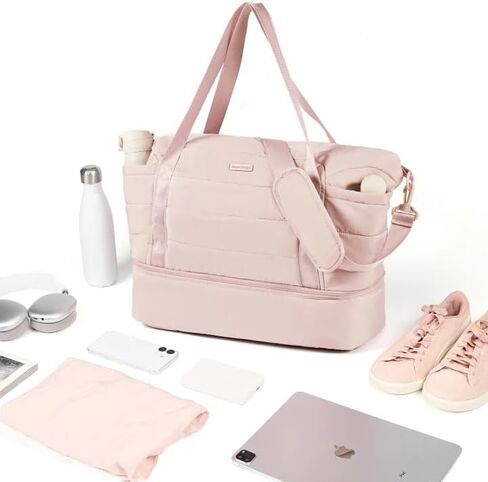 NISHEL Double-layer Weekender Bags for Women, Personal Item Duffle Bag with Shoes Compartment, Large Capacity Travel Bag, Overnight Luggage Bag with Pocket, Pink in Saudi Arabia