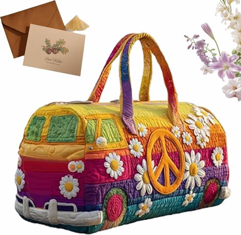 Hippie Van Quilted Duffle Bag, Unisex Boho Quilted Weekender Bag, Hippie Journey Travel Duffle, Vintage Floral Luggage for Gym, Yoga & Carry-On (S-10, 18" L x 9" W x 9" H) in Saudi Arabia
