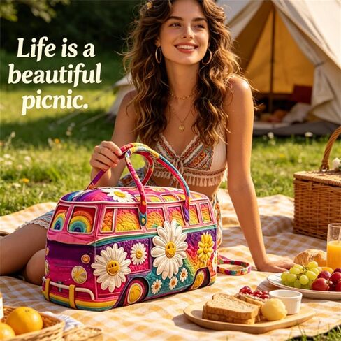 Hippie Van Quilted Duffle Bag, Unisex Boho Quilted Weekender Bag, Hippie Journey Travel Duffle, Vintage Floral Luggage for Gym, Yoga & Carry-On (S-10, 18" L x 9" W x 9" H) in Saudi Arabia