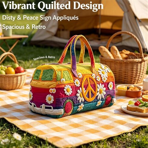 Hippie Van Quilted Duffle Bag, Unisex Boho Quilted Weekender Bag, Hippie Journey Travel Duffle, Vintage Floral Luggage for Gym, Yoga & Carry-On (S-10, 18" L x 9" W x 9" H) in Saudi Arabia