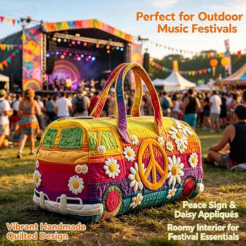 Hippie Van Quilted Duffle Bag, Unisex Boho Quilted Weekender Bag, Hippie Journey Travel Duffle, Vintage Floral Luggage for Gym, Yoga & Carry-On (S-10, 18" L x 9" W x 9" H) in Saudi Arabia