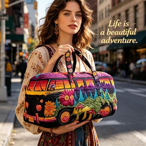 Hippie Van Quilted Duffle Bag, Unisex Boho Quilted Weekender Bag, Hippie Journey Travel Duffle, Vintage Floral Luggage for Gym, Yoga & Carry-On (S-10, 18" L x 9" W x 9" H) in Saudi Arabia