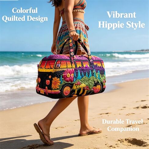 Hippie Van Quilted Duffle Bag, Unisex Boho Quilted Weekender Bag, Hippie Journey Travel Duffle, Vintage Floral Luggage for Gym, Yoga & Carry-On (S-10, 18" L x 9" W x 9" H) in Saudi Arabia