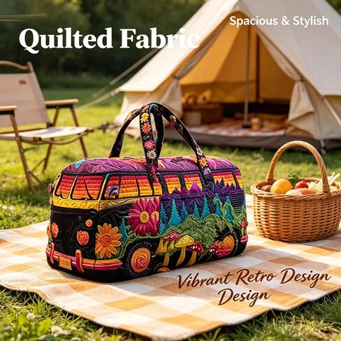 Hippie Van Quilted Duffle Bag, Unisex Boho Quilted Weekender Bag, Hippie Journey Travel Duffle, Vintage Floral Luggage for Gym, Yoga & Carry-On (S-10, 18" L x 9" W x 9" H) in Saudi Arabia