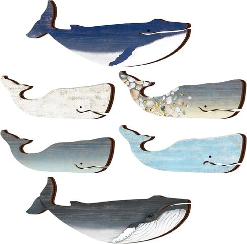 Wesiti 6 Pcs 13.8 Inch Large Wooden Whale Wall Decor Bulk Nautical Coastal Theme Ocean Fish Hanging Decor Rustic Vintage Whale Wall Pediment Ornaments with Screws for Housewarming Living Room Bathroom in Kuwait