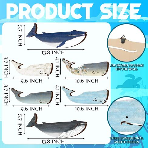 Wesiti 6 Pcs 13.8 Inch Large Wooden Whale Wall Decor Bulk Nautical Coastal Theme Ocean Fish Hanging Decor Rustic Vintage Whale Wall Pediment Ornaments with Screws for Housewarming Living Room Bathroom in Kuwait