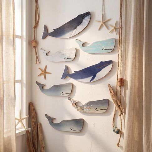 Wesiti 6 Pcs 13.8 Inch Large Wooden Whale Wall Decor Bulk Nautical Coastal Theme Ocean Fish Hanging Decor Rustic Vintage Whale Wall Pediment Ornaments with Screws for Housewarming Living Room Bathroom in Kuwait