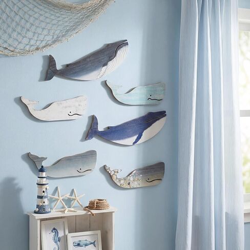 Wesiti 6 Pcs 13.8 Inch Large Wooden Whale Wall Decor Bulk Nautical Coastal Theme Ocean Fish Hanging Decor Rustic Vintage Whale Wall Pediment Ornaments with Screws for Housewarming Living Room Bathroom in Kuwait