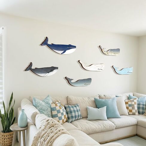 Wesiti 6 Pcs 13.8 Inch Large Wooden Whale Wall Decor Bulk Nautical Coastal Theme Ocean Fish Hanging Decor Rustic Vintage Whale Wall Pediment Ornaments with Screws for Housewarming Living Room Bathroom in Kuwait