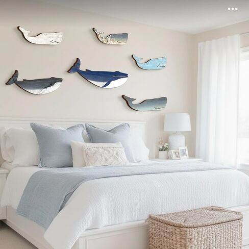 Wesiti 6 Pcs 13.8 Inch Large Wooden Whale Wall Decor Bulk Nautical Coastal Theme Ocean Fish Hanging Decor Rustic Vintage Whale Wall Pediment Ornaments with Screws for Housewarming Living Room Bathroom in Kuwait