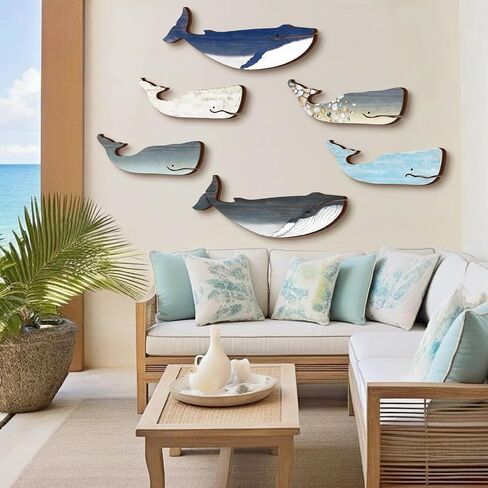 Wesiti 6 Pcs 13.8 Inch Large Wooden Whale Wall Decor Bulk Nautical Coastal Theme Ocean Fish Hanging Decor Rustic Vintage Whale Wall Pediment Ornaments with Screws for Housewarming Living Room Bathroom in Kuwait