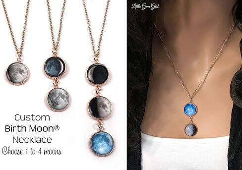 Personalized Custom Birth Moon Necklace with 1, 2, 3 or 4 Personalized Birthday Moon Phase Rose Gold Charms in Saudi Arabia
