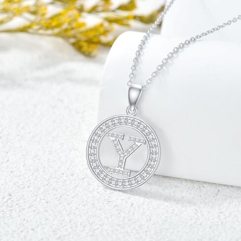 925 Silver Initial Necklaces for Women White Gold Plated Round Alphabet Letter Pendant Necklace with Cubic Zirconia Chain Length 18+2 Inch Name Necklace for Women Gift in Saudi Arabia