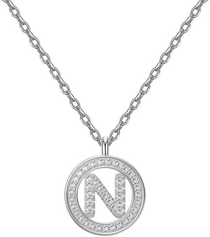 925 Silver Initial Necklaces for Women White Gold Plated Round Alphabet Letter Pendant Necklace with Cubic Zirconia Chain Length 18+2 Inch Name Necklace for Women Gift in Saudi Arabia