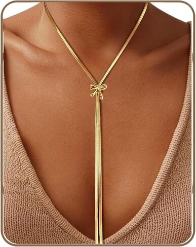 18K Gold Plated Long Herringbone Y Necklace for Women, Bow Slider Design, Waterproof Stainless Steel Adjustable Lightweight Chunky Layered Dangle Choker Chest Chain in Saudi Arabia