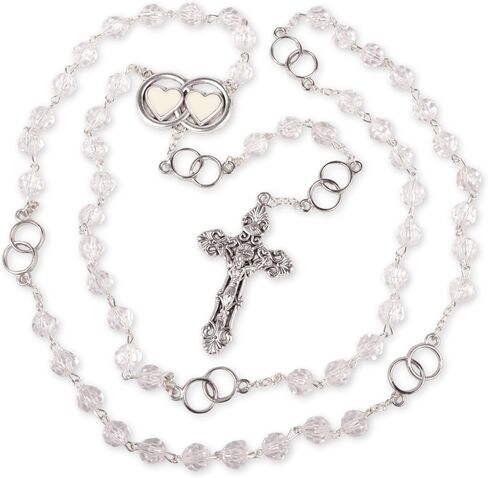 Needzo Wedding Rosary with Double Ring Hearts Centerpiece, Clear Acrylic Beads, Catholic Keepsake Gift, 25 Inches in Kuwait