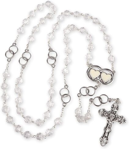 Needzo Wedding Rosary with Double Ring Hearts Centerpiece, Clear Acrylic Beads, Catholic Keepsake Gift, 25 Inches in Kuwait