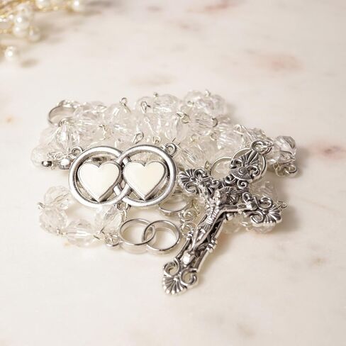 Needzo Wedding Rosary with Double Ring Hearts Centerpiece, Clear Acrylic Beads, Catholic Keepsake Gift, 25 Inches in Kuwait