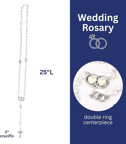 Needzo Wedding Rosary with Double Ring Hearts Centerpiece, Clear Acrylic Beads, Catholic Keepsake Gift, 25 Inches in Kuwait