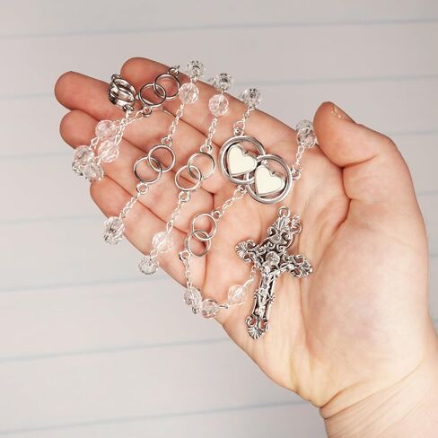 Needzo Wedding Rosary with Double Ring Hearts Centerpiece, Clear Acrylic Beads, Catholic Keepsake Gift, 25 Inches in Kuwait
