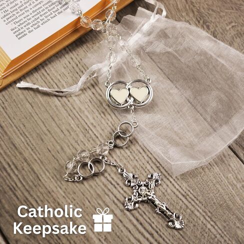 Needzo Wedding Rosary with Double Ring Hearts Centerpiece, Clear Acrylic Beads, Catholic Keepsake Gift, 25 Inches in Kuwait