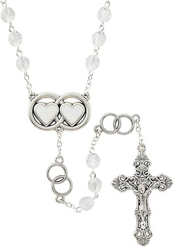 Needzo Wedding Rosary with Double Ring Hearts Centerpiece, Clear Acrylic Beads, Catholic Keepsake Gift, 25 Inches in Kuwait