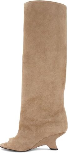 MissHeel Nude Suede Tall Boots Wide Calf Suede Knee High Boots for Women Wedge Heel Open Toe Boots Suede Slouch Boots US Size 9 in Saudi Arabia