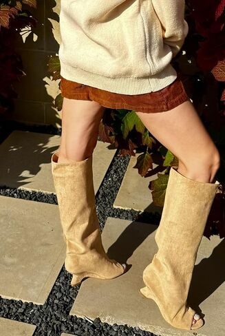 MissHeel Nude Suede Tall Boots Wide Calf Suede Knee High Boots for Women Wedge Heel Open Toe Boots Suede Slouch Boots US Size 9 in Saudi Arabia