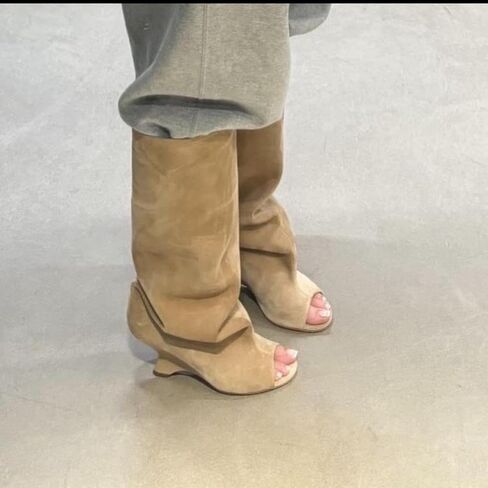 MissHeel Nude Suede Tall Boots Wide Calf Suede Knee High Boots for Women Wedge Heel Open Toe Boots Suede Slouch Boots US Size 9 in Saudi Arabia