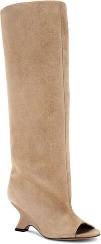 MissHeel Nude Suede Tall Boots Wide Calf Suede Knee High Boots for Women Wedge Heel Open Toe Boots Suede Slouch Boots US Size 9 in Saudi Arabia