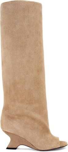 MissHeel Nude Suede Tall Boots Wide Calf Suede Knee High Boots for Women Wedge Heel Open Toe Boots Suede Slouch Boots US Size 9 in Saudi Arabia