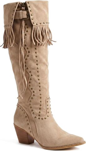 Women’s Fringe Knee-High Cowboy Boots, Western Suede Tall Boots with Studded Details, Side Zipper Low Block Heel Riding Boots for Casual & Festival Wear in Saudi Arabia