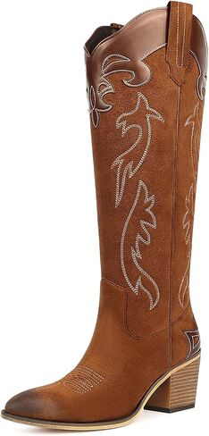 Cowboy Knee High Boots for Women Chunky Heels Western Cowgirl Boot Pointed Toe Side Zip Embroidered Tall Boots Wide Calf in Saudi Arabia