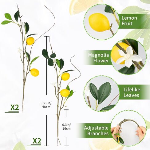 4 PCS 18.9" Artificial Lemon Branches for Kitchen Decor, Faux Yellow Lemons with Magnolia Flower & Willow Stems, Realistic Fake Fruit Picks for Farmhouse Party Decoration and Vase Arrangements in Saudi Arabia