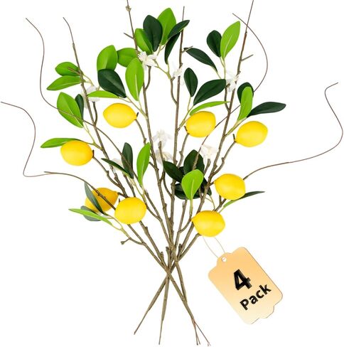 4 PCS 18.9" Artificial Lemon Branches for Kitchen Decor, Faux Yellow Lemons with Magnolia Flower & Willow Stems, Realistic Fake Fruit Picks for Farmhouse Party Decoration and Vase Arrangements in Saudi Arabia