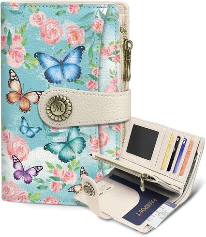 Butterfly Wallet Women RFID Blocking Bifold, Flower Passport Holder, Zipper Coin Pocket, Credit Card Holder, Travel billfold, PU Leather, Clutch, Cash Purse, Gift for Woman Ladies Female Girls in Saudi Arabia
