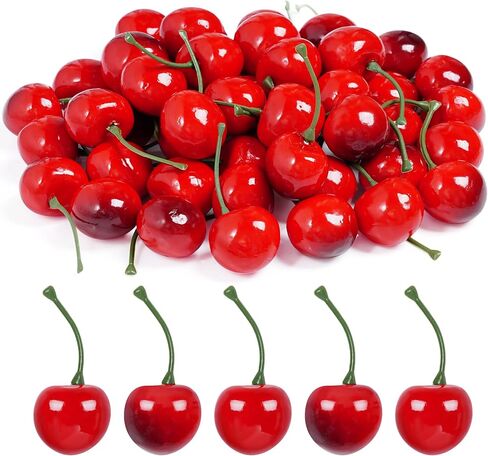 jiebor 60Pcs Fake Cherries Artificial Plastic Faux Fruit Ornament for Birthday Party Decoration Photography Props Kitchen Home Market Display in Kuwait