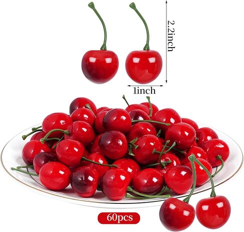 jiebor 60Pcs Fake Cherries Artificial Plastic Faux Fruit Ornament for Birthday Party Decoration Photography Props Kitchen Home Market Display in Kuwait