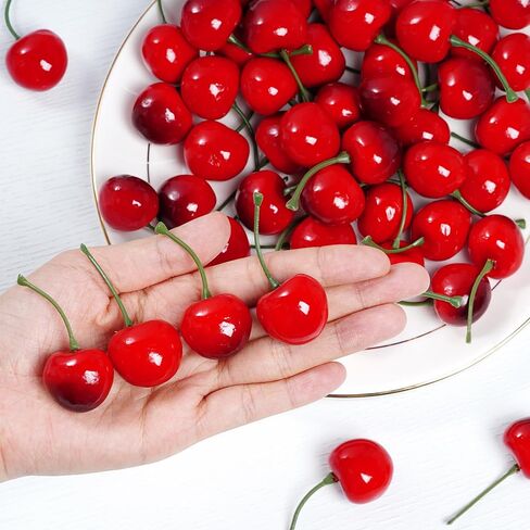 jiebor 60Pcs Fake Cherries Artificial Plastic Faux Fruit Ornament for Birthday Party Decoration Photography Props Kitchen Home Market Display in Kuwait