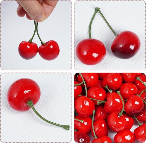 jiebor 60Pcs Fake Cherries Artificial Plastic Faux Fruit Ornament for Birthday Party Decoration Photography Props Kitchen Home Market Display in Kuwait