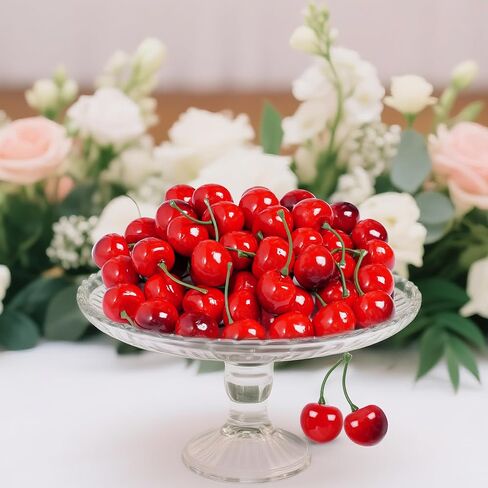 jiebor 60Pcs Fake Cherries Artificial Plastic Faux Fruit Ornament for Birthday Party Decoration Photography Props Kitchen Home Market Display in Kuwait