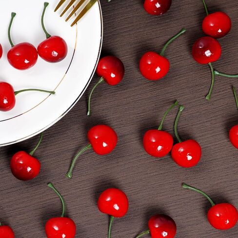 jiebor 60Pcs Fake Cherries Artificial Plastic Faux Fruit Ornament for Birthday Party Decoration Photography Props Kitchen Home Market Display in Kuwait